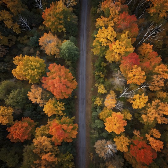 Aerial perspective of an autumn forest with leaves in varying shades of amber red and yellow, AI