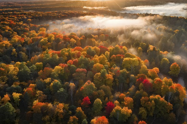 Aerial perspective of an autumn forest with leaves in varying shades of amber red and yellow, AI