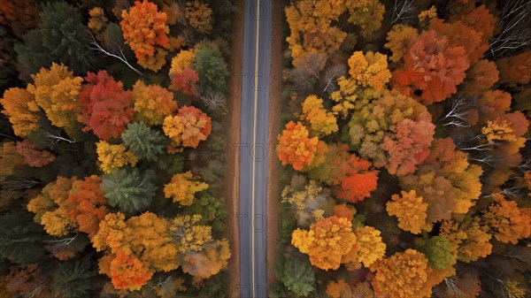 Aerial perspective of an autumn forest with leaves in varying shades of amber red and yellow, AI