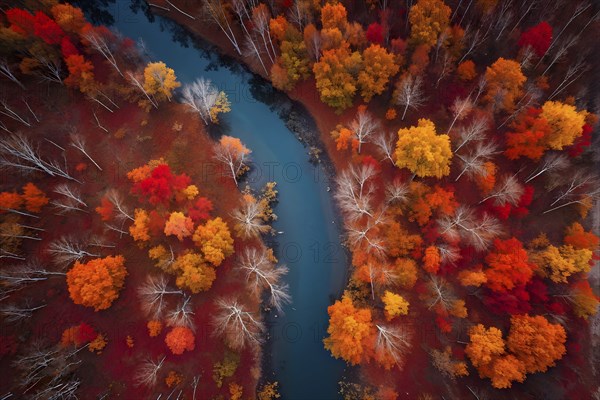 Aerial perspective of an autumn forest with leaves in varying shades of amber red and yellow, AI