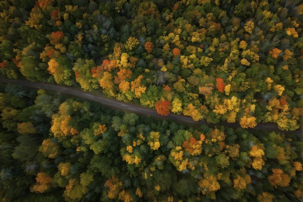 Aerial perspective of an autumn forest with leaves in varying shades of amber red and yellow, AI