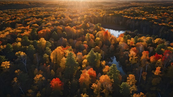 Aerial perspective of an autumn forest with leaves in varying shades of amber red and yellow, AI