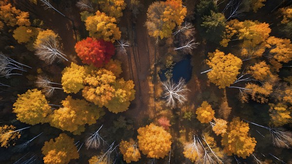 Aerial perspective of an autumn forest with leaves in varying shades of amber red and yellow, AI