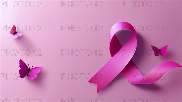 Pink breast cancer awareness ribbon and pink butterflies over pink background with copy space, AI