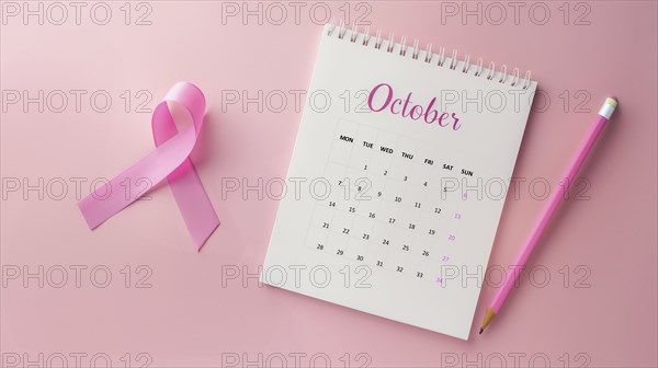 Top view of October calendar and a breast cancer awareness pink ribbon over a pastel pink