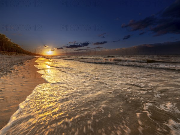Sunset on a sandy beach on the island of Usedom on the Baltic Sea, Zempin, Mecklenburg-Western