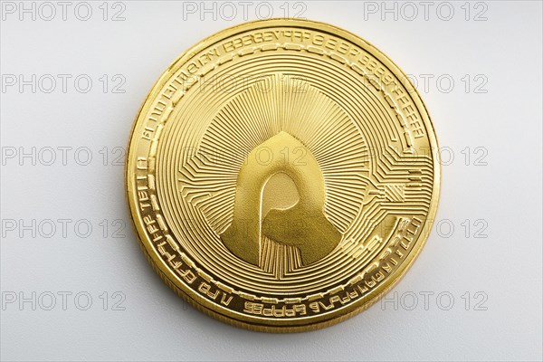 Shiny golden coin with symbolic engraving and technological patterns on a white background, ai