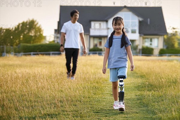 Girl with prosthetic leg walks happily on a country lane, father follows in the background, ai