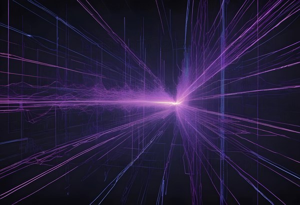 Abstract digital piece with a purple neon grid extending into the distance, creating a futuristic