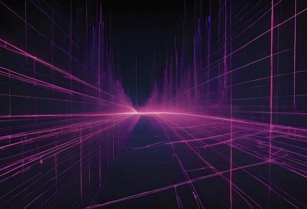 Abstract digital artwork with purple neon gridlines creating a futuristic, cyberspace atmosphere,