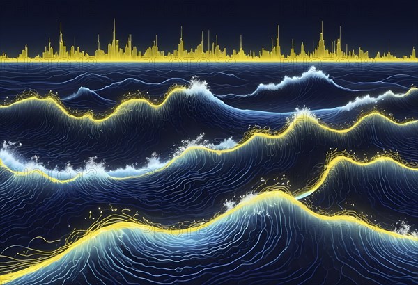 Digital art depicting glowing neon waves in blue and yellow with a distant cityscape at night, AI