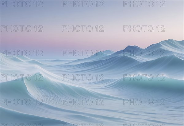 Ethereal scene with ocean waves and twilight sky in pastel hues, conveying tranquility and serene