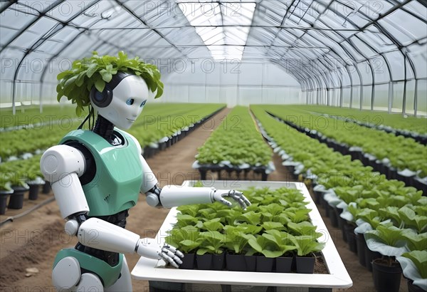 Robot tending to potted plants in a large greenhouse, depicting a merger of technology with