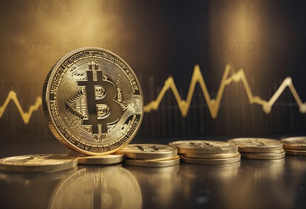 Golden bitcoin and coins with glowing market trend lines in the background, reflecting financial
