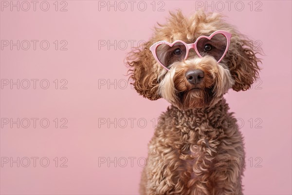 Cute labradpoodle dog with pink heart shaped Valentine's day glasses in front of pink background.