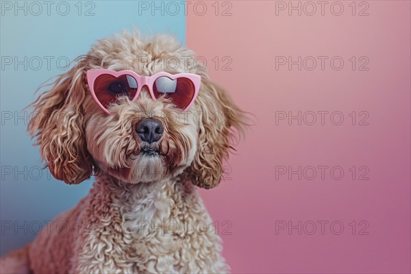 Cute labradpoodle dog with pink heart shaped Valentine's day glasses in front of pink and blue