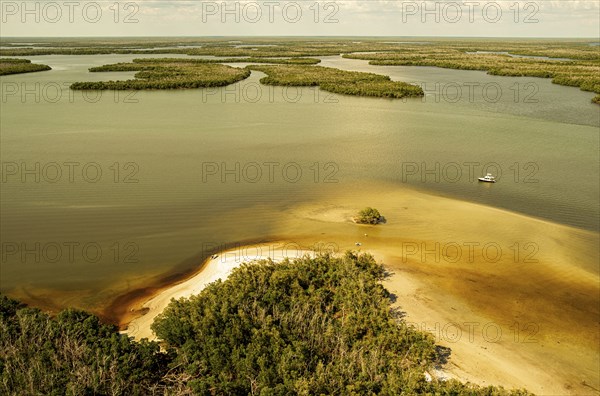 Boat in the Atlantic Ocean, Everglades, mangrove forests, Florida, USA, North America