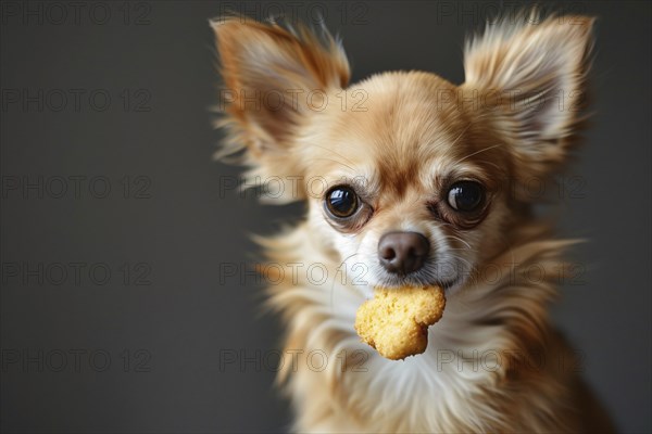 Small Chihuahua dog with chicken nugget in mouth. Generative Ai, AI generated