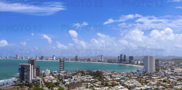 Mexico. Scenic skyline and panoramic view of Mazatlan Malecon. Ocean beaches view, Cerro Neveria