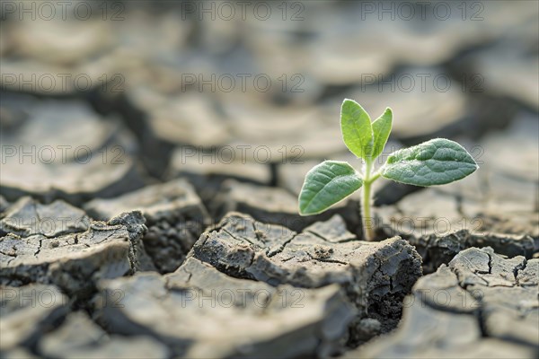 Small green plant growing out of cracked dry earth. Generative Ai, AI generated