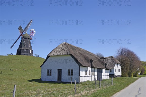 A house with a thatched roof and a windmill on a rural road under a blue sky, Manor Route,