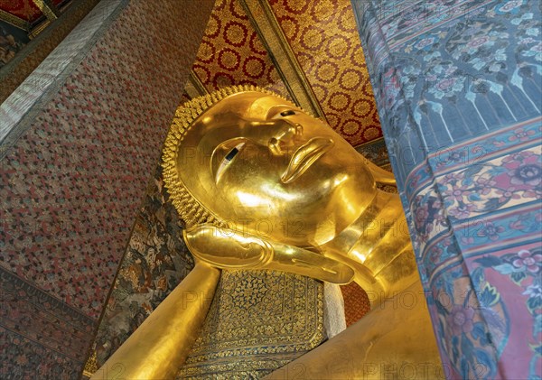 Close-up of the Reclining Buddha statue, Wat Pho complex, Bangkok, Thailand, Asia