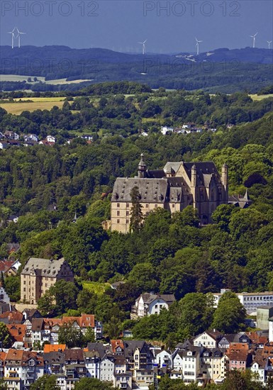 Elevated city view of the landgrave's castle and the old town, Marburg an der Lahn, Hesse, Germany,