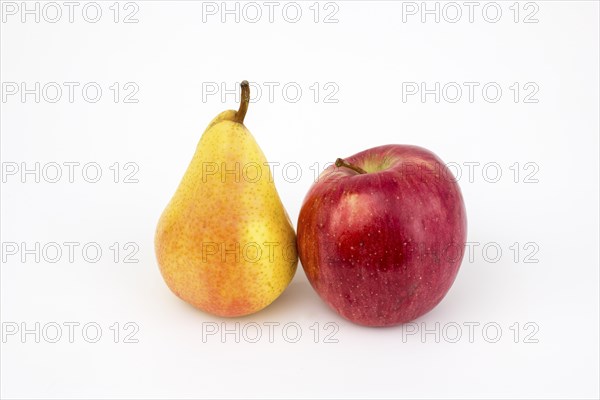 Apple and pear, studio shot, white background, healthy food