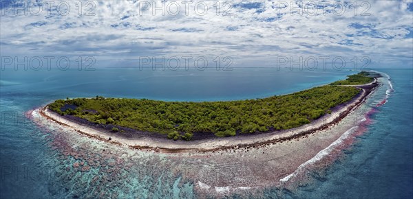 Aerial view of uninhabited island in Fakarava Atoll, typical island landscape, front outer reef,