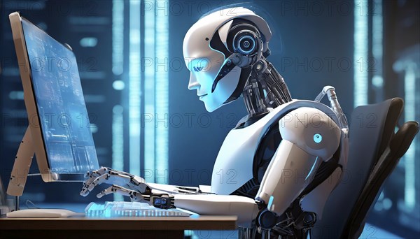 A robot in human form works on a computer, generated with AI