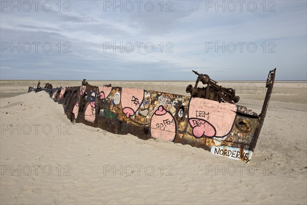 Wreck of the 1967 stranded shellsucker Pionier in the nature reserve of the island of Norderney,