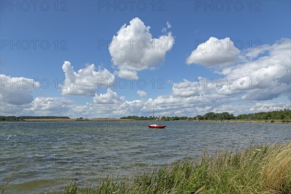 Clouds, boat, water, Schlei near Maasholm, Schleswig-Holstein, Germany, Europe