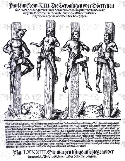 Burning of witches in Wittenberg, woodcut showing the burning of four persons as witches in