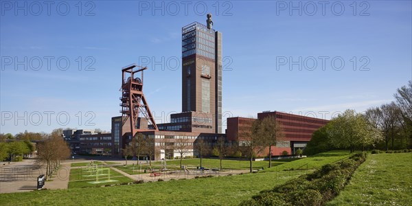 Nordstern colliery with winding tower and factory halls in Nordsternpark, Gelsenkirchen, Ruhr