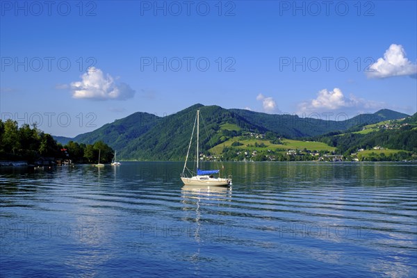Western shore, near Buchenort, Attersee with Höllengebirge, Salzkammergut, Upper Austria, Austria,