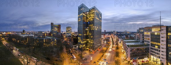 Panorama aerial view Dancing Towers at blue hour with Reeperbahn, St. Pauli, Hamburg, Germany,