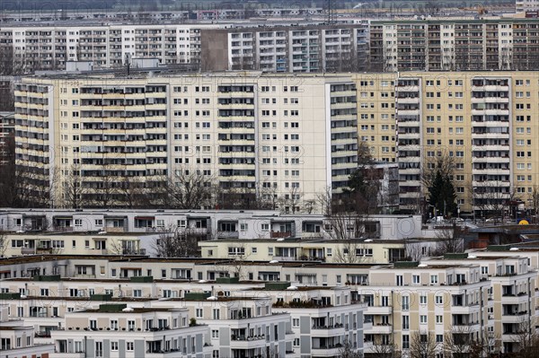 View of high-rise buildings and apartment blocks in the Berlin district of Marzahn-Hellersdorf,