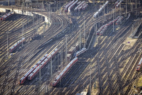 Track system and track apron with points and trains, symbolic photo, Frankfurt am Main main