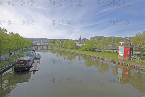View from Wilhelm-Heinrich-Bridge with Old Saar Crane, Old Bridge and Ship Péniche Mosella, Spring,