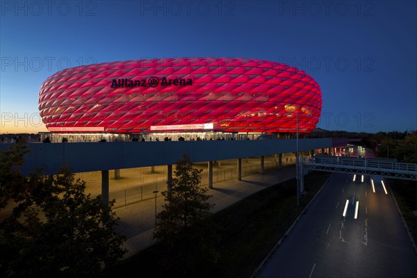 CL, Champions League evening, Allianz Arena, car park, illuminated, overview, blue hour, Munich,