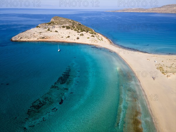 Drone shot, double bay of Simos beach, Sarakiniko beach, Elafonisos, Deer Island, Laconia,