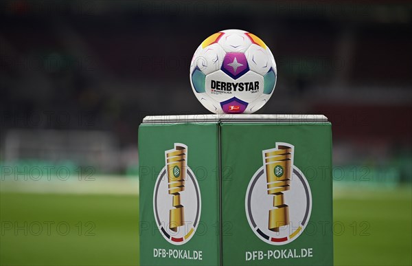 Adidas Derbystar match ball on podium, logo, DFB Cup, MHPArena, MHP Arena Stuttgart,