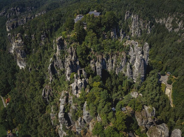 Aerial view of Rathen on the Elbe with the rocks of the Basteige area and the new viewing platform