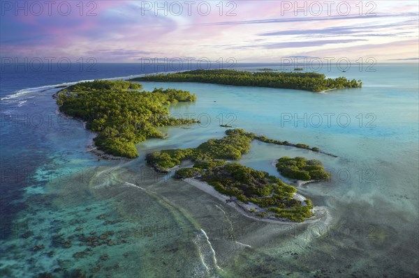 Aerial view, Uninhabited Island, Lagoon, At South Pass, South Channel, Fakarava Atoll, Tuamoto