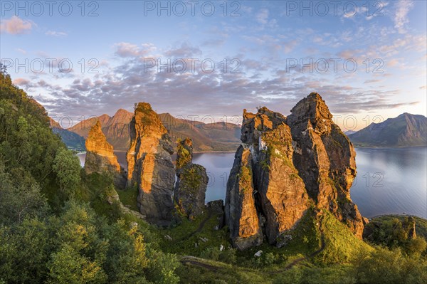 Rock formation Finnesjura in the evening light, Finnesfjellet mountain, Finnes, Helgeland coast,