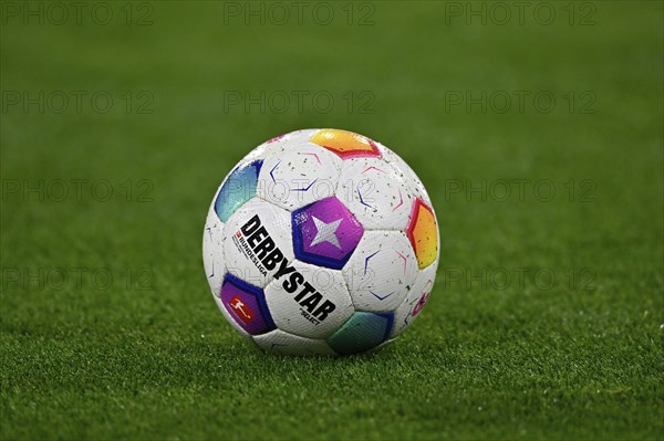 Adidas Derbystar match ball lies on grass, logo, Allianz Arena, Munich, Bavaria, Germany, Europe