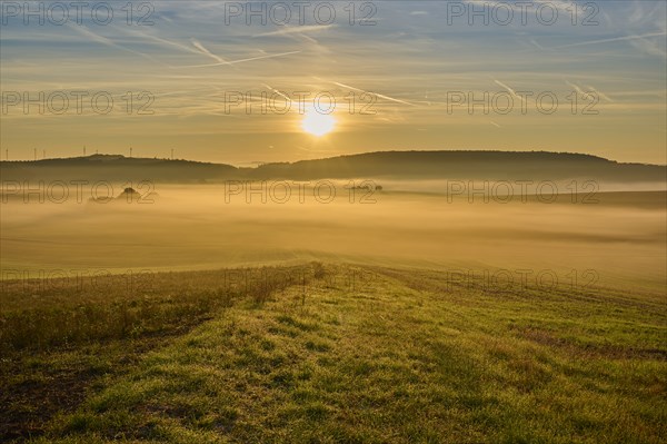 Landscape, fields, fog, sunrise, Höhefeld, Wertheim, Baden-Württemberg, Germany, Europe