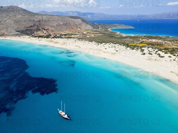Drone shot, double bay of Simos beach, Sarakiniko beach, Elafonisos, Deer Island, Laconia,