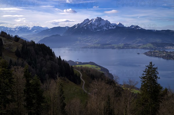 View from Seebodenalp to Lucerne, Lake Lucerne, in the background Mount Pilatus and Central Swiss