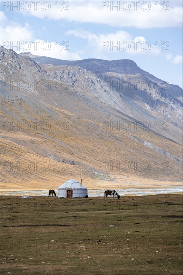 Yurt and horse in the mountains, barren landscape, Burkhan Valley, Tien Shan, Issyk Kul Province,